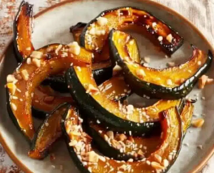 Maple Miso Roasted Winter Squash platter garnished with herbs and served in a rustic dish.