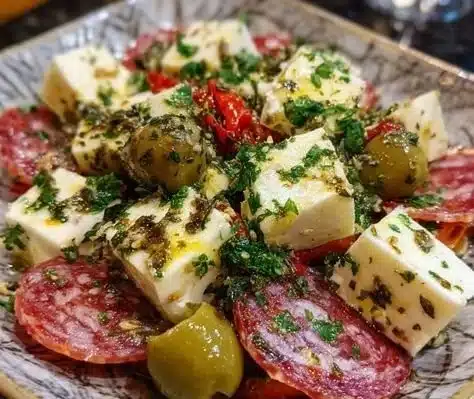 Delicious marinated cheese appetizer served with herbs and spices