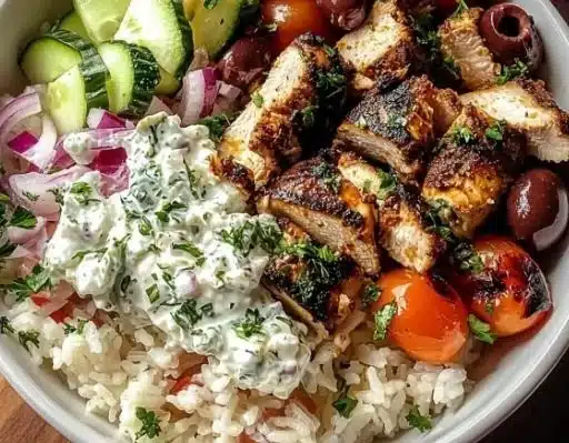 Mediterranean Greek Chicken Gyro Bowl with fresh toppings and sauces