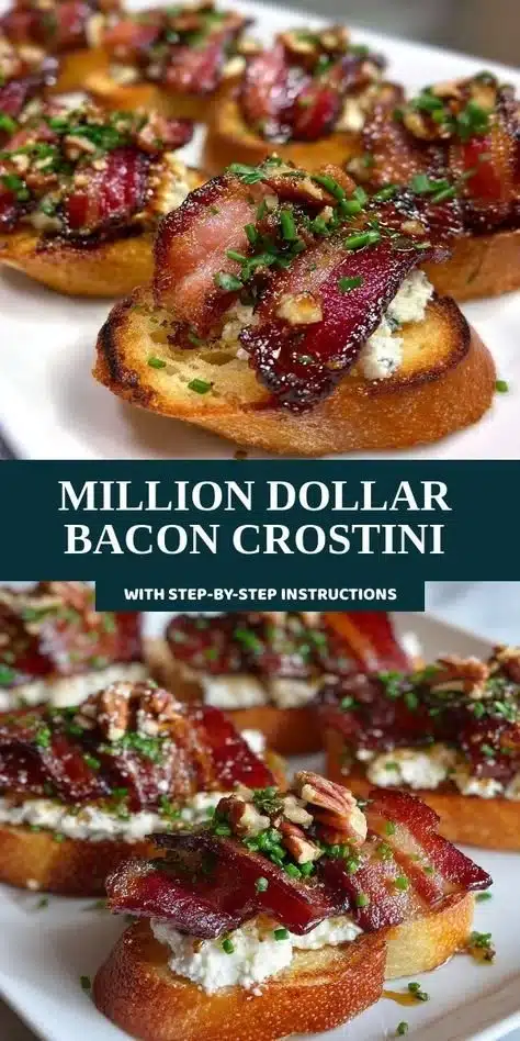 Delicious Million Dollar Bacon Crostini topped with savory bacon and fresh ingredients