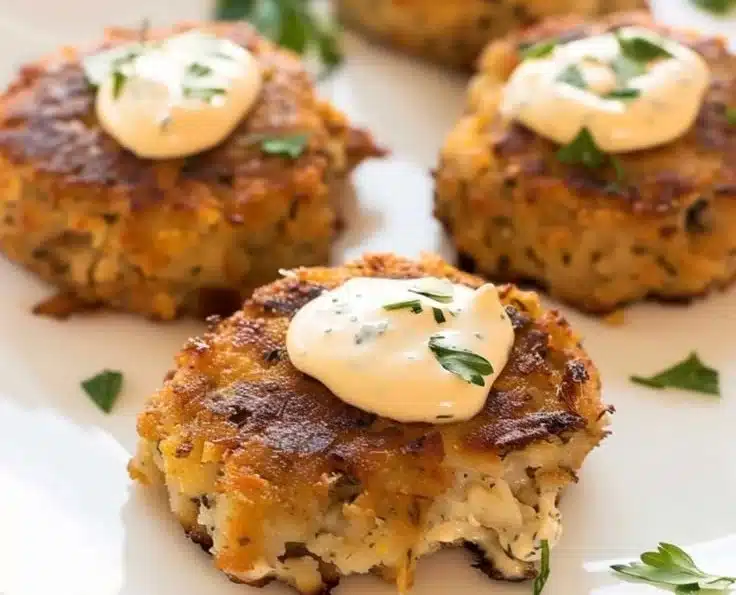 Mini crab cakes served with lemon-dill aioli on a plate