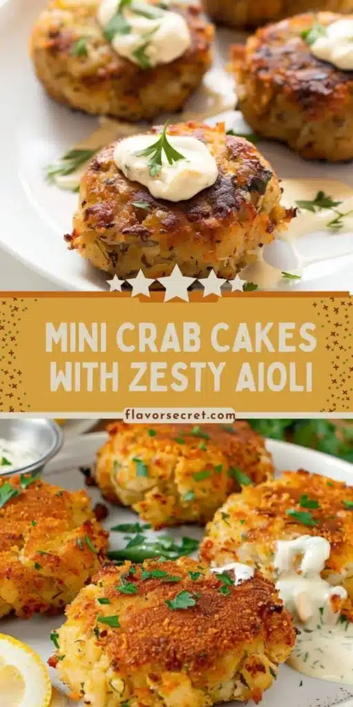 Mini crab cakes garnished with lemon-dill aioli on a plate