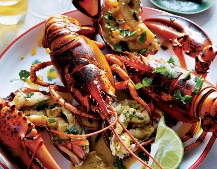 Miso-Butter Grilled Rock Lobster 7 Miso-butter grilled rock lobster on a plate garnished with herbs.