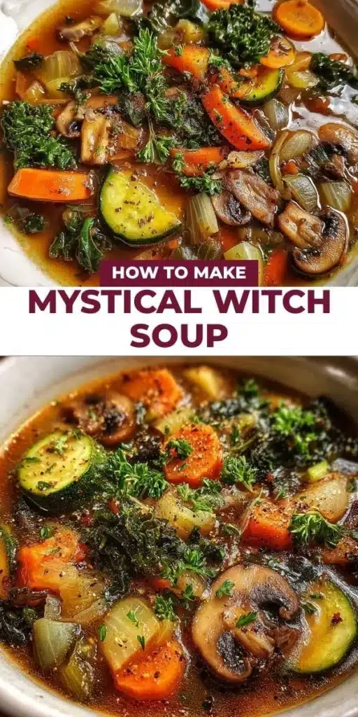 Bowl of mystical Witch Soup with vibrant herbs and spices