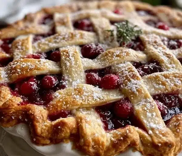 Slice of Nantucket Holiday Cranberry Pie on a festive table setting