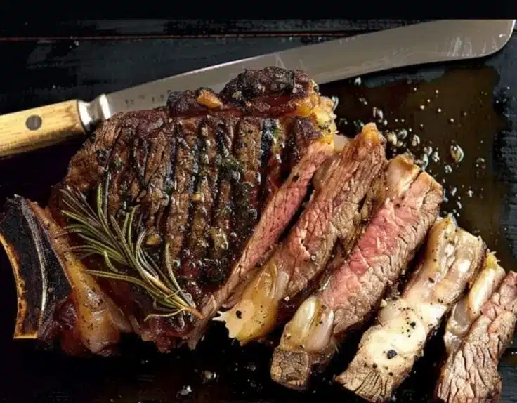 Native Pepperberry Rubbed Ribeye steak garnished with herbs and spices.