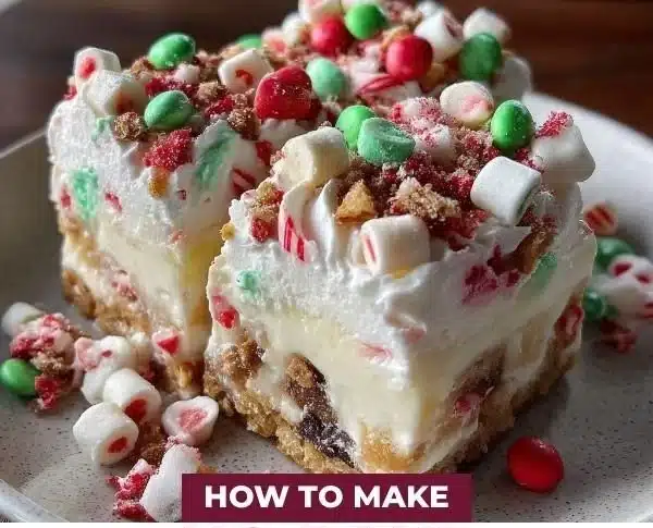 No Bake Christmas Cookie Lush 8 No Bake Christmas Cookie Lush dessert topped with festive elements.