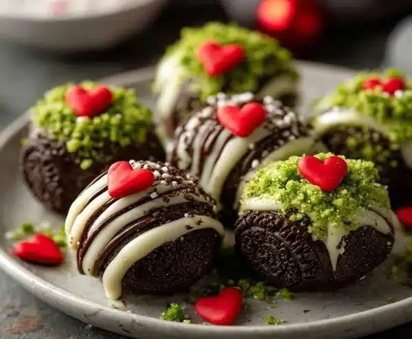 No-bake Grinch Oreo Truffles decorated for Christmas