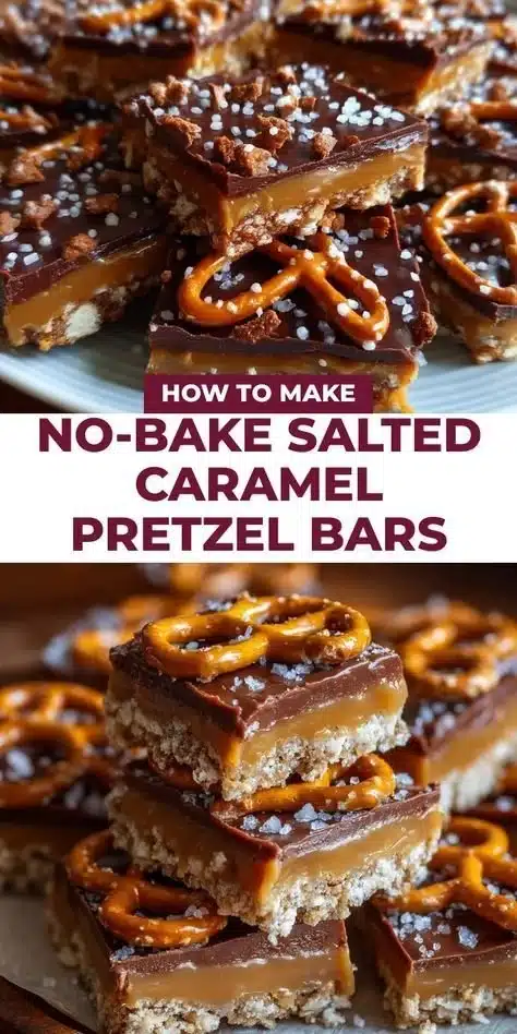 Delicious no-bake salted caramel pretzel bars topped with chocolate