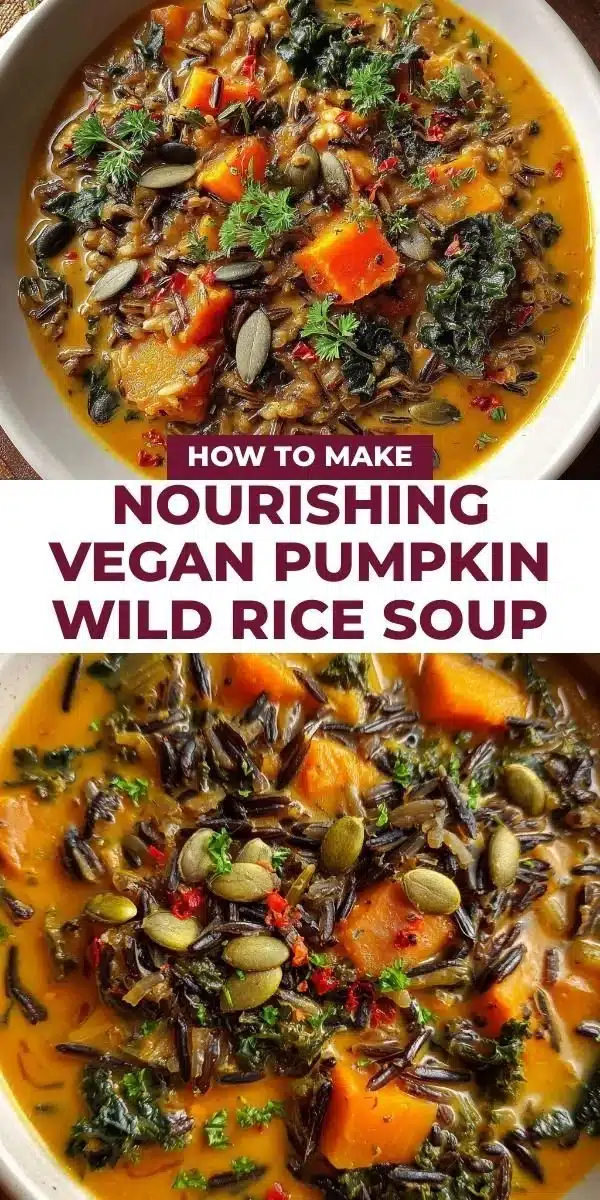 Bowl of nourishing vegan pumpkin wild rice soup garnished with herbs.