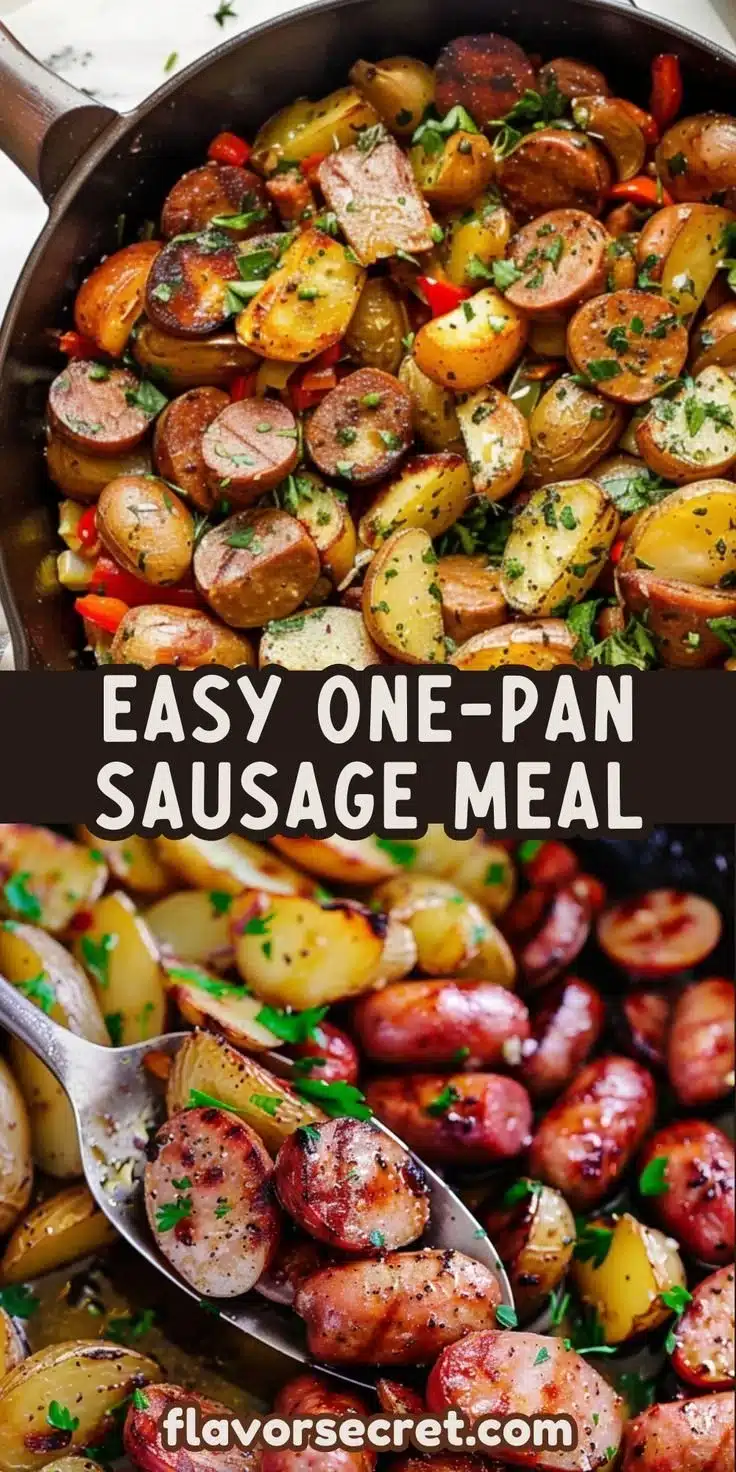 One-pan garlic butter sausage with potatoes ready to serve.