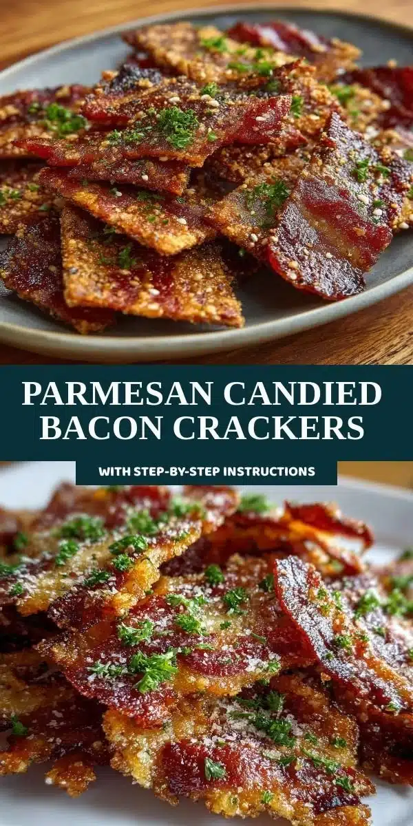 Delicious Parmesan Candied Bacon Crackers on a platter, perfect for snacking.