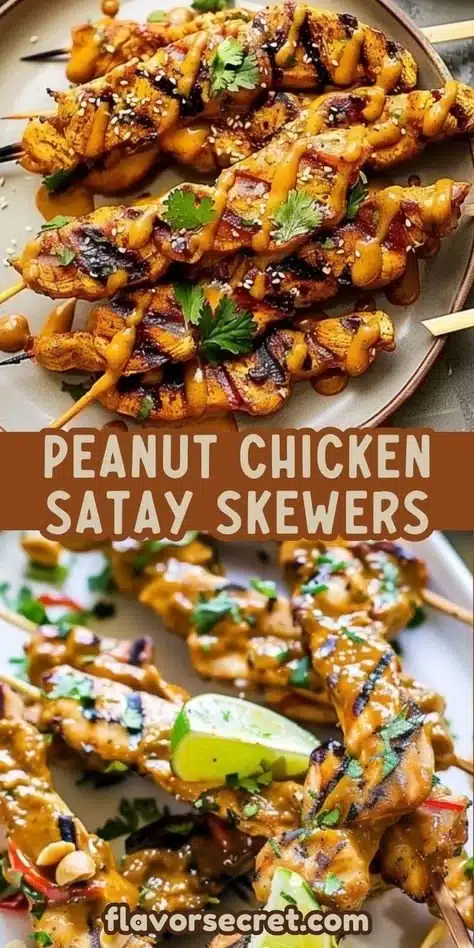 Delicious Peanut Chicken Satay Skewers on a plate with dipping sauce
