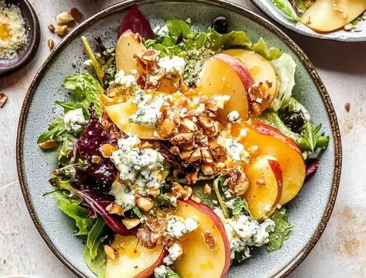 Delicious pear and blue cheese salad with shallot vinaigrette served on a plate.