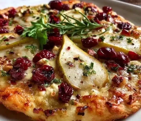 Delicious Pear, Brie, and Cranberry Flatbread topped with fresh ingredients