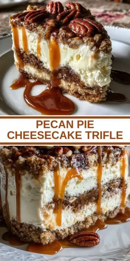 Delicious pecan pie cheesecake trifle with layers of cheesecake and pecans