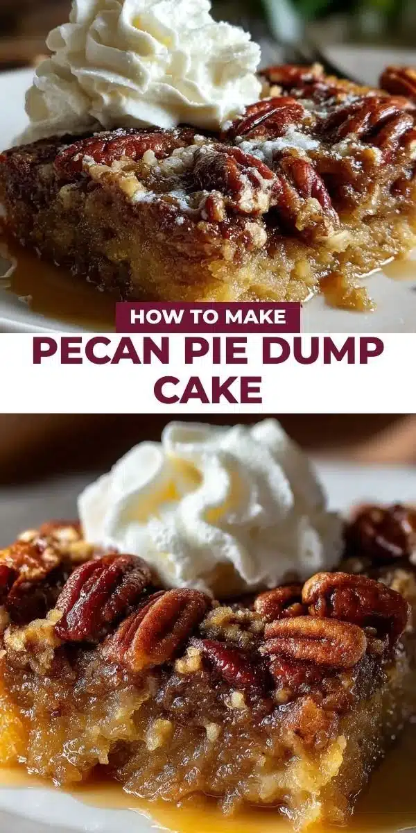 Delicious Pecan Pie Dump Cake topped with nuts and caramel