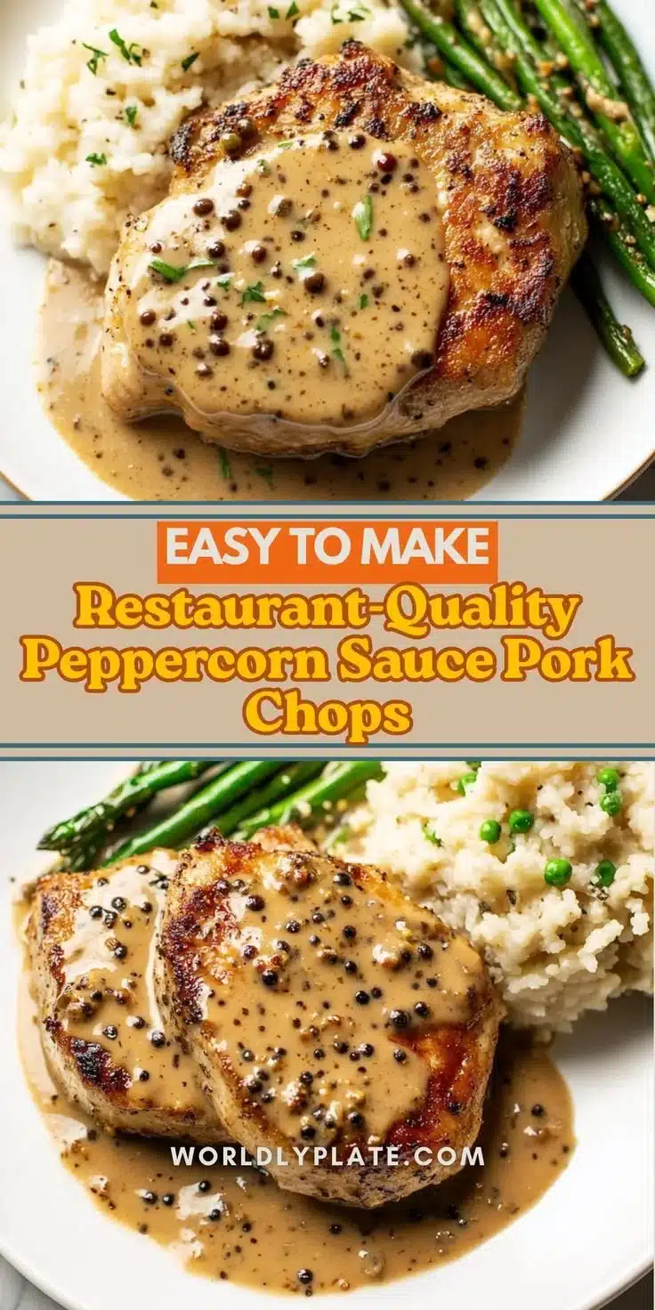 Juicy pork chops with a creamy peppercorn sauce on a plate