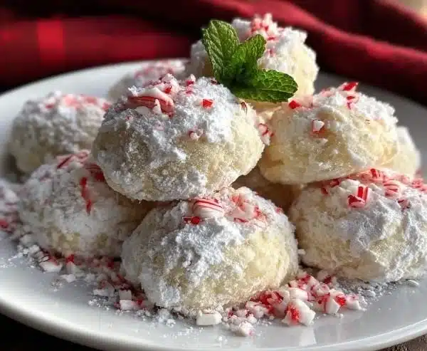 Peppermint snowball cookies sprinkled with powdered sugar on a festive plate