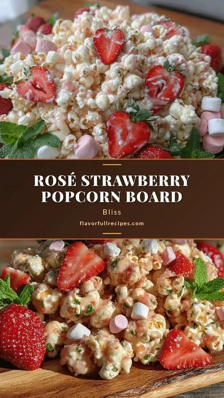 Galentine's Rosé Strawberry Popcorn Board with vibrant strawberries and popcorn.