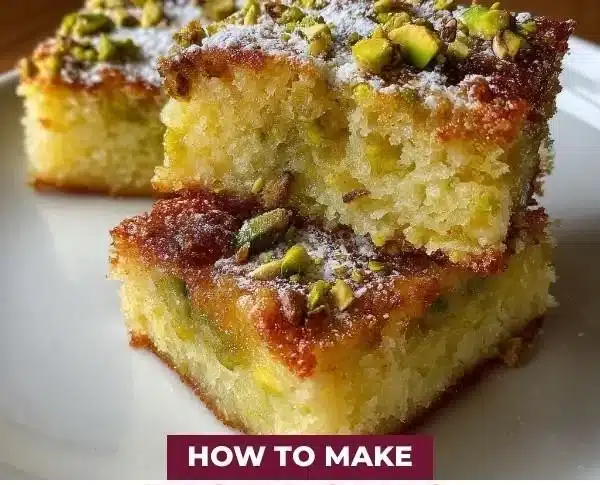 Delicious Pistachio Gooey Butter Cake served with a sprinkle of nuts