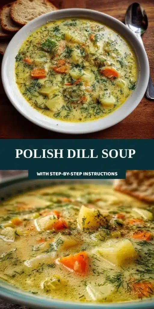 Bowl of traditional Polish Dill Soup garnished with fresh dill and vegetables.