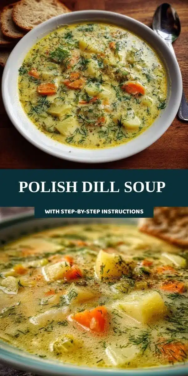 Polish Dill Soup 1 Bowl of traditional Polish Dill Soup garnished with fresh dill and vegetables.