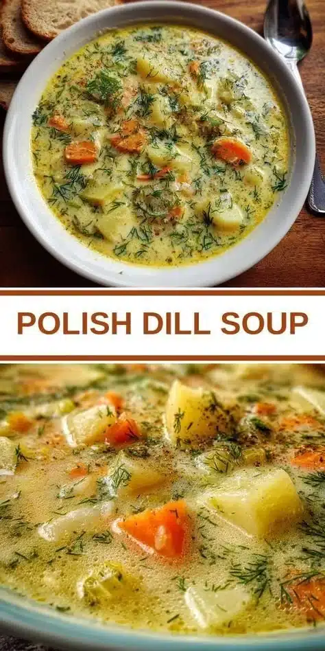 A bowl of Polish Dill Soup garnished with fresh dill and served with bread.