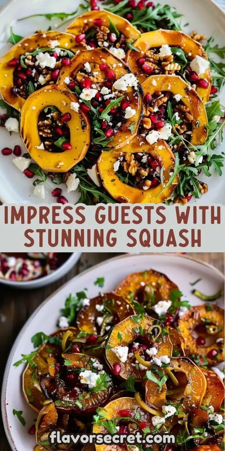 Delicata squash roasted with pomegranate molasses, showcasing its vibrant color and delicious glaze.