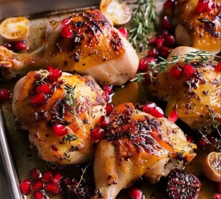 Pomegranate Sumac Roast Chicken pieces garnished with herbs and spices