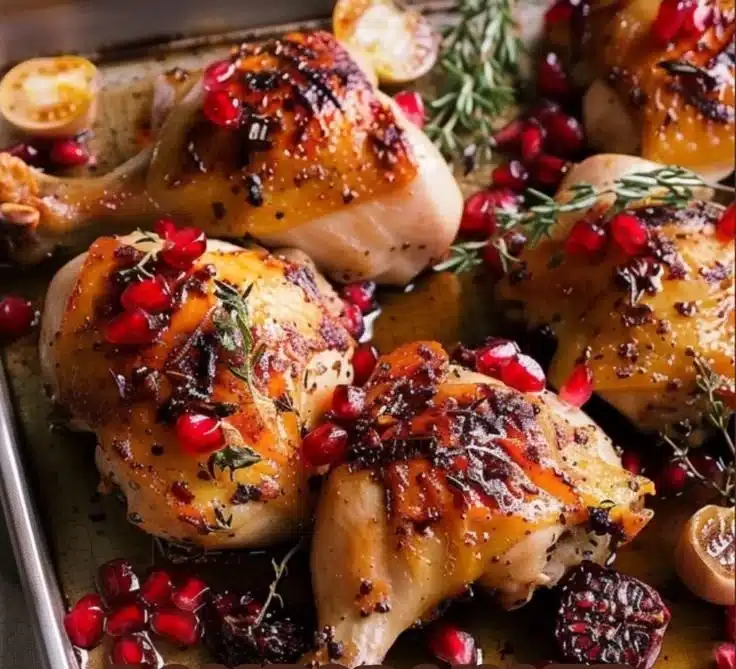 Pomegranate sumac roast chicken pieces garnished with herbs and spices