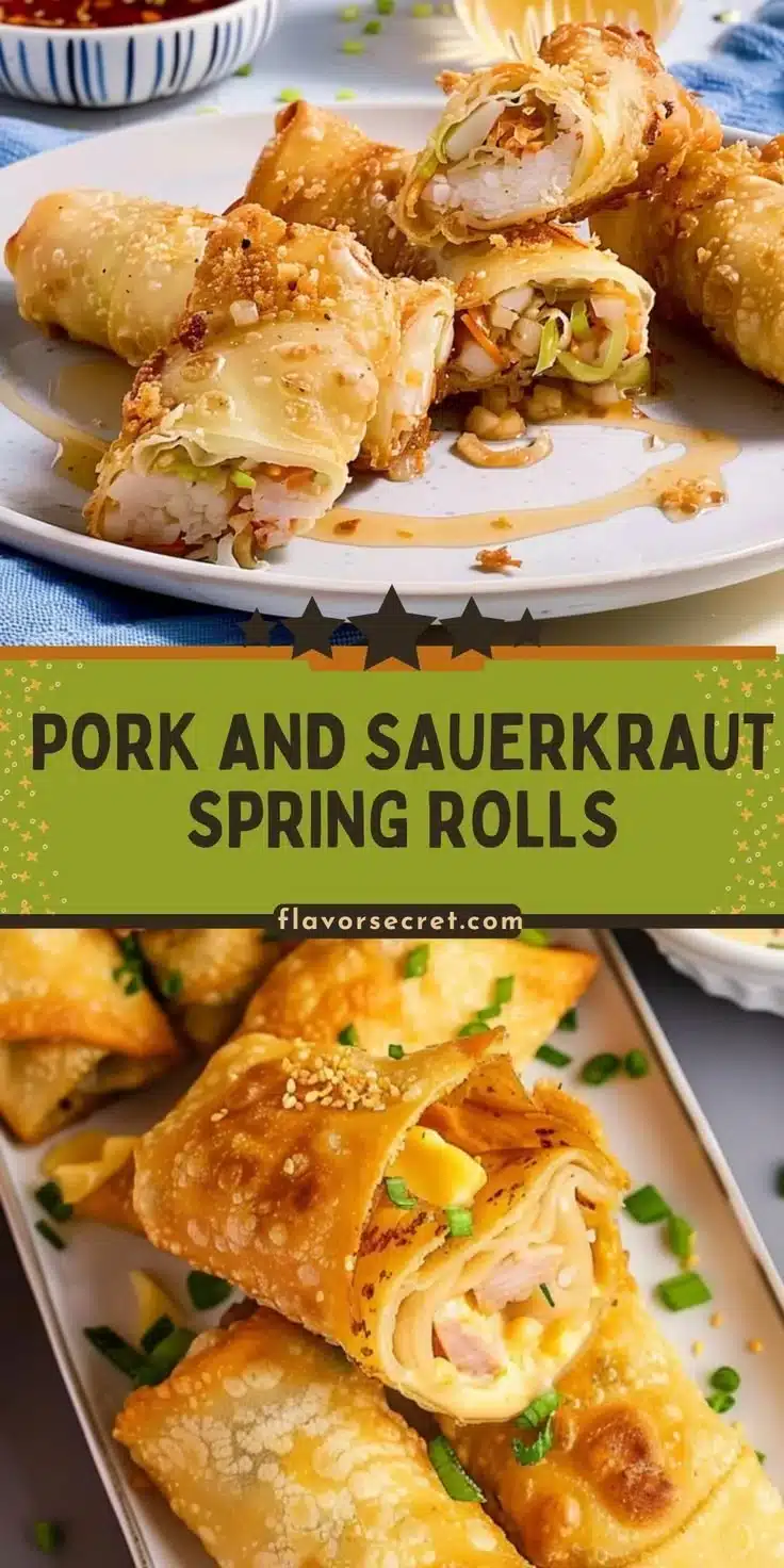 Crispy Pork and Sauerkraut Spring Rolls served on a plate with dipping sauce.