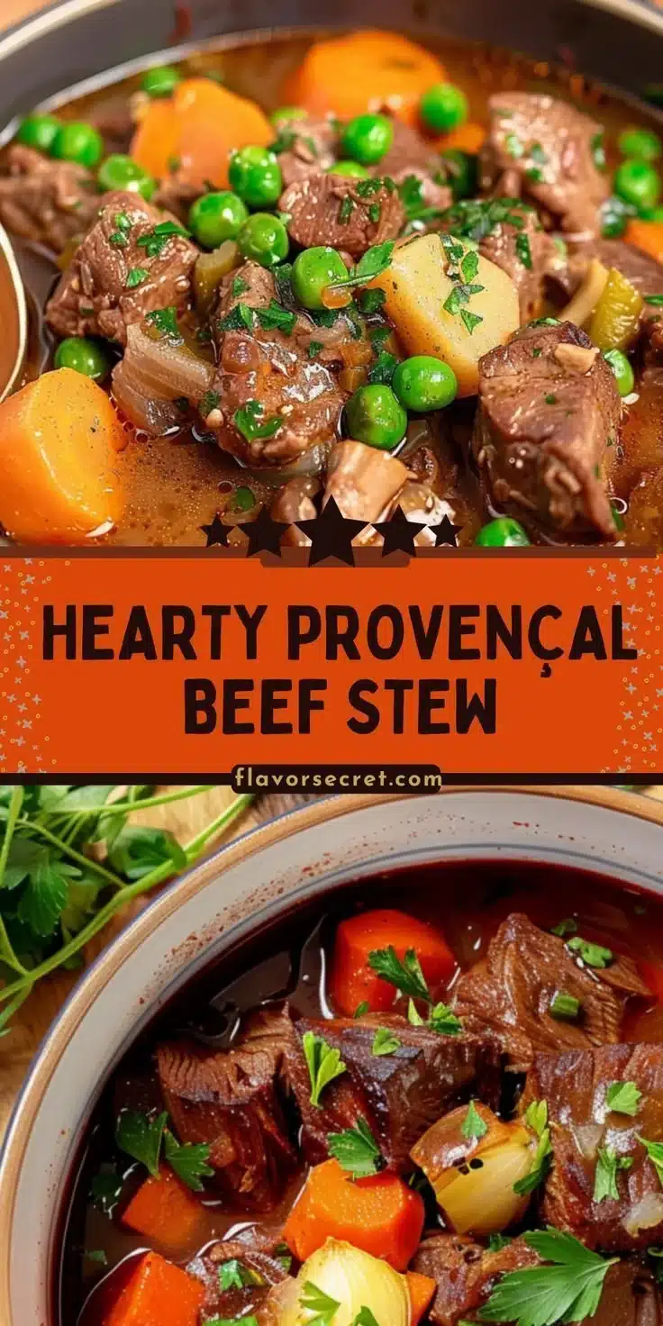 A bowl of Provençal beef stew with red wine, herbs, and vegetables.