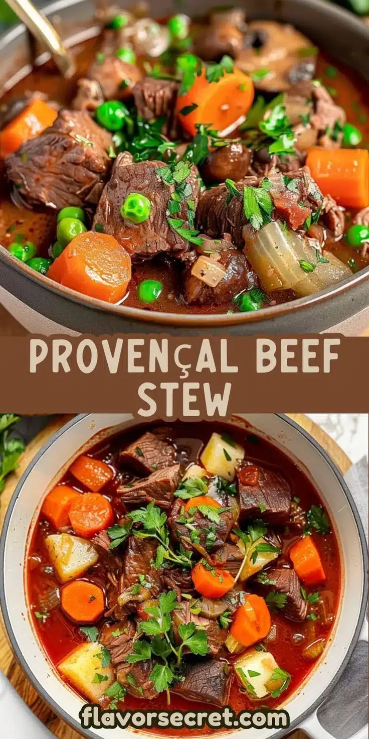 Delicious Provençal beef stew with red wine and fresh herbs in a rustic bowl
