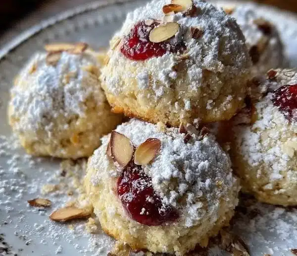 Raspberry Filled Almond Snowball Cookies on a decorative plate