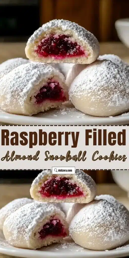 Raspberry filled almond snowball cookies, a festive treat for the holidays.