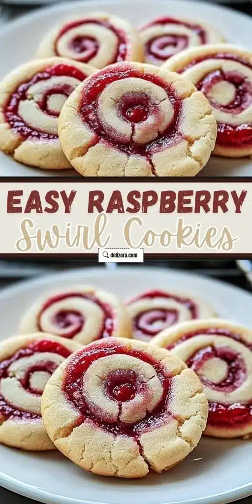 Freshly baked raspberry swirl cookies on a plate with a vibrant swirl pattern.