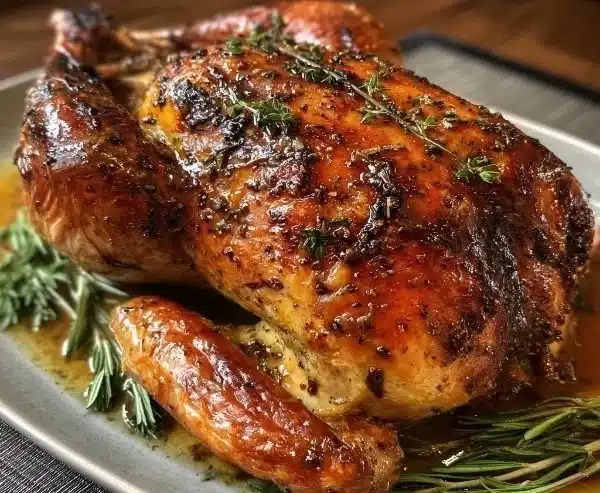 Roasted Butterball turkey breast garnished with herbs and served on a platter.