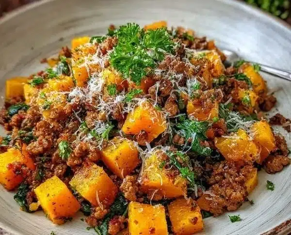 Roasted butternut squash with ground turkey on a plate, garnished with herbs.