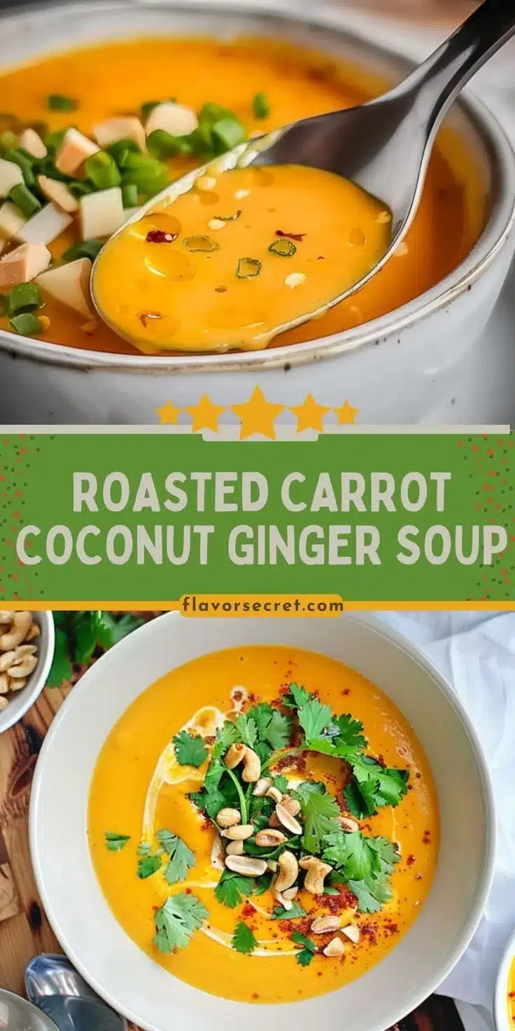 Bowl of roasted carrot coconut ginger soup garnished with fresh herbs