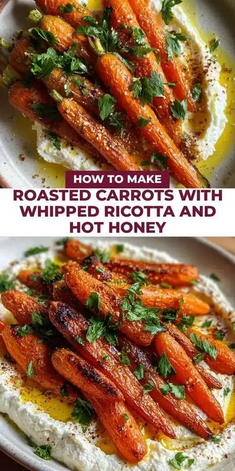 Roasted carrots topped with whipped ricotta and a drizzle of hot honey.