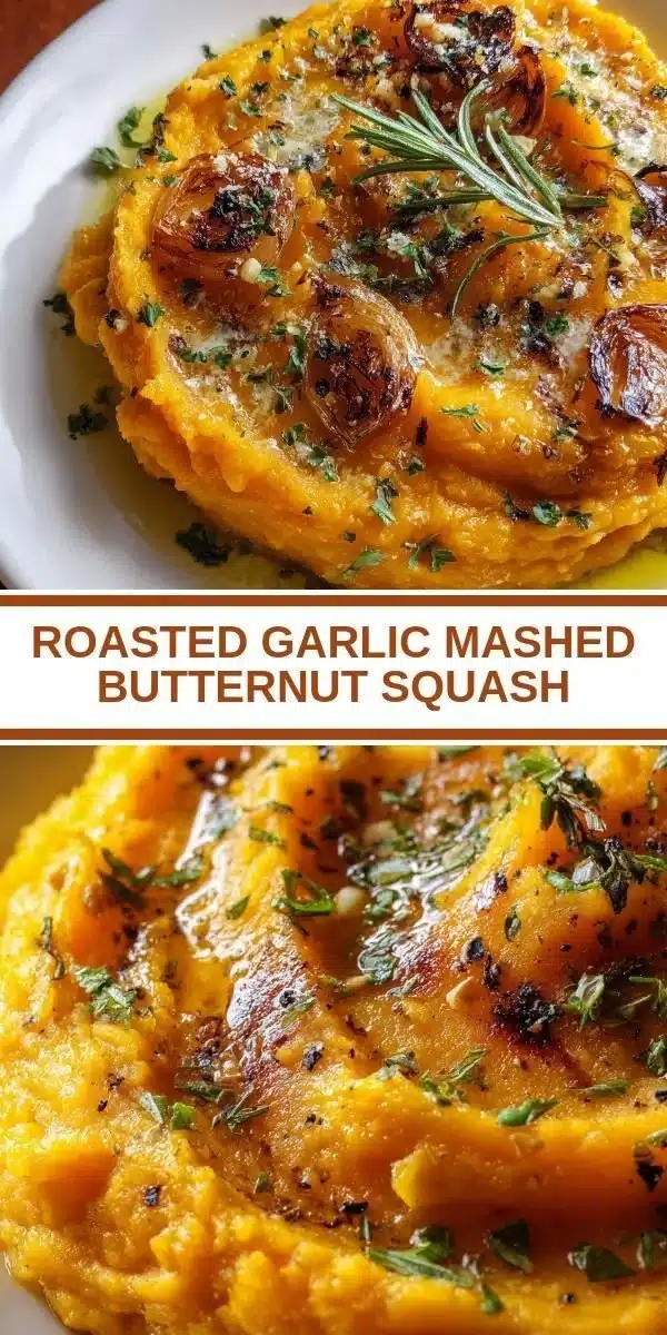 Creamy roasted garlic mashed butternut squash served in a bowl.