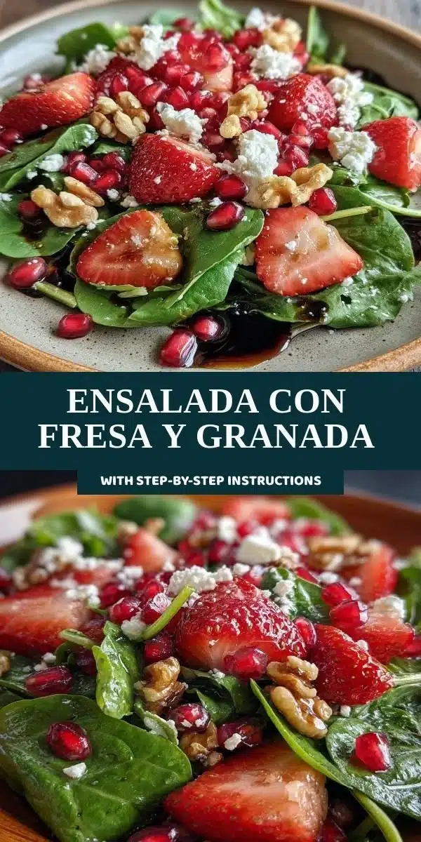 Vibrant strawberry pomegranate salad with fresh greens and dressing