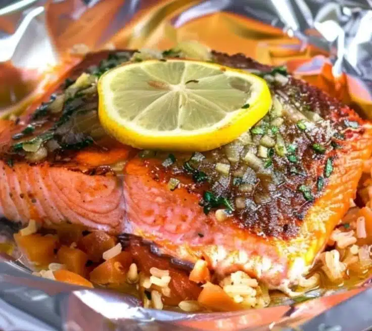 Salmon in Parchment with Citrus Butter 5 Baked salmon in parchment with citrus butter and herbs, served on a plate.