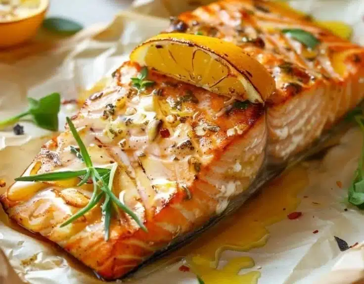 Oven-baked salmon in parchment with citrus butter, healthy and flavorful dish.