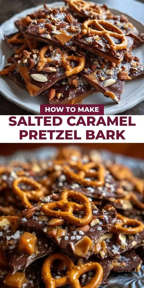 Delicious Salted Caramel Pretzel Bark with chocolate and pretzels