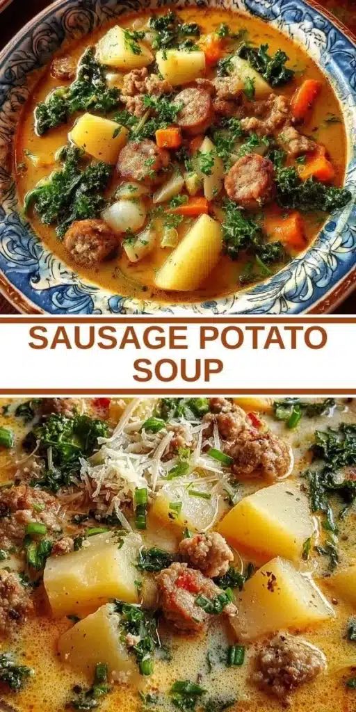 Bowl of hearty sausage potato soup garnished with fresh herbs