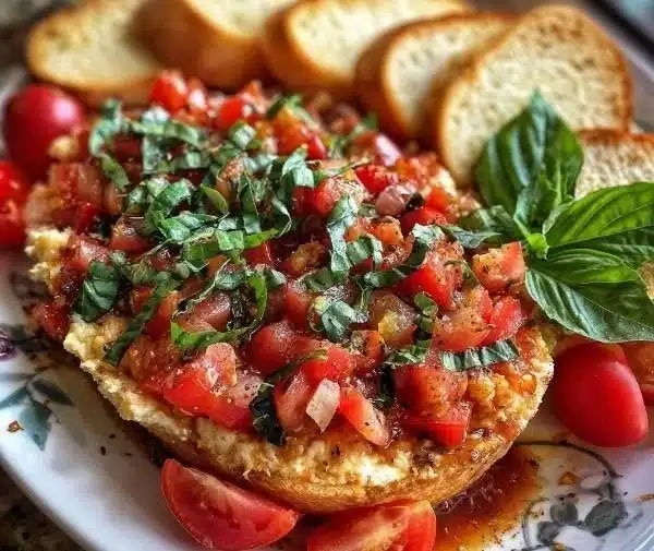 Savory Baked Bruschetta Dip with Fresh Basil and Garlic 7 Savory baked bruschetta dip topped with fresh basil and garlic in a serving dish.