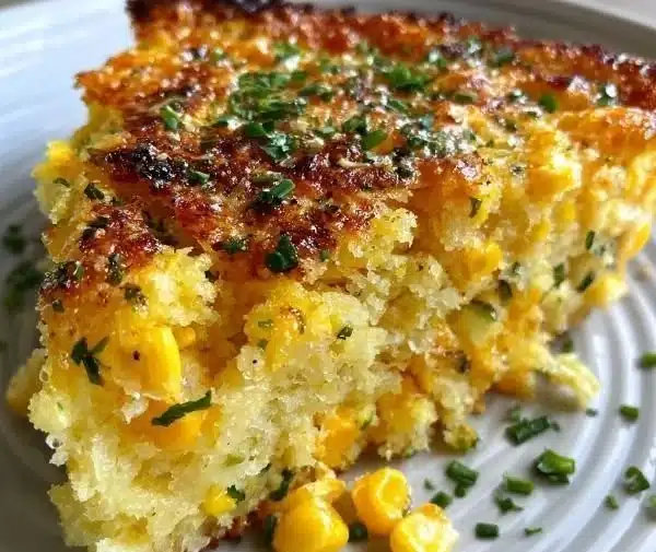 Savory baked corn pudding with cheddar cheese and fresh herbs in a rustic dish.