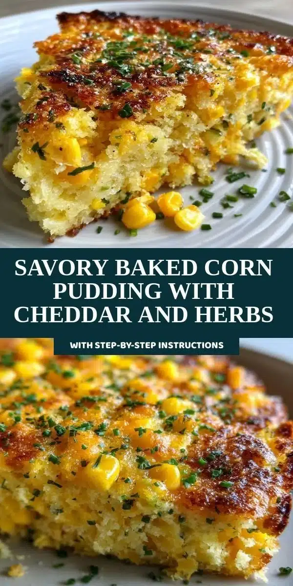 Savory Baked Corn Pudding with Cheddar and Herbs 8 Savory baked corn pudding with cheddar cheese and fresh herbs in a baking dish